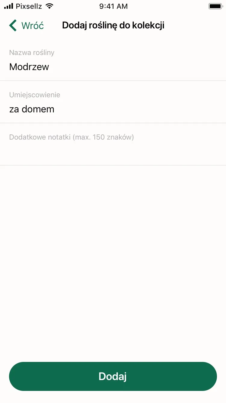 Ekran dodawania rośliny do kolekcji w aplikacji Wokas z polami nazwy, umiejscowienia i notatek