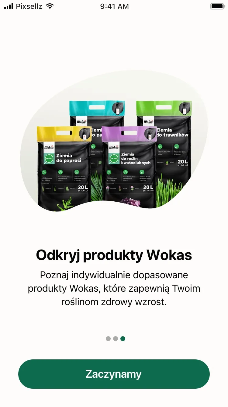 Ekran onboardingu aplikacji Wokas zachęcający do odkrycia produktów Wokas