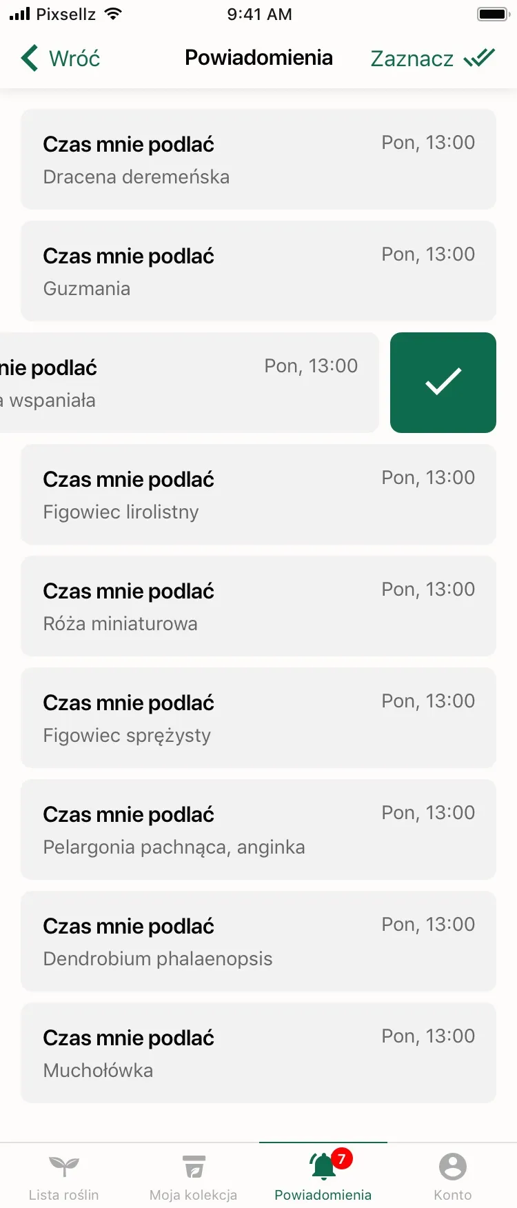 Ekran powiadomień „Czas mnie podlać” w aplikacji Wokas z listą przypomnień dla roślin